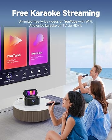 Smart Karaoke Machine, Built-in 10.1" Screen Lyrics Display for Adults Kids, 2 Auto Charging Wireless Microphones, Portable Bluetooth Speaker PA System with WiFi, HDMI for Home TV Outdoor Party